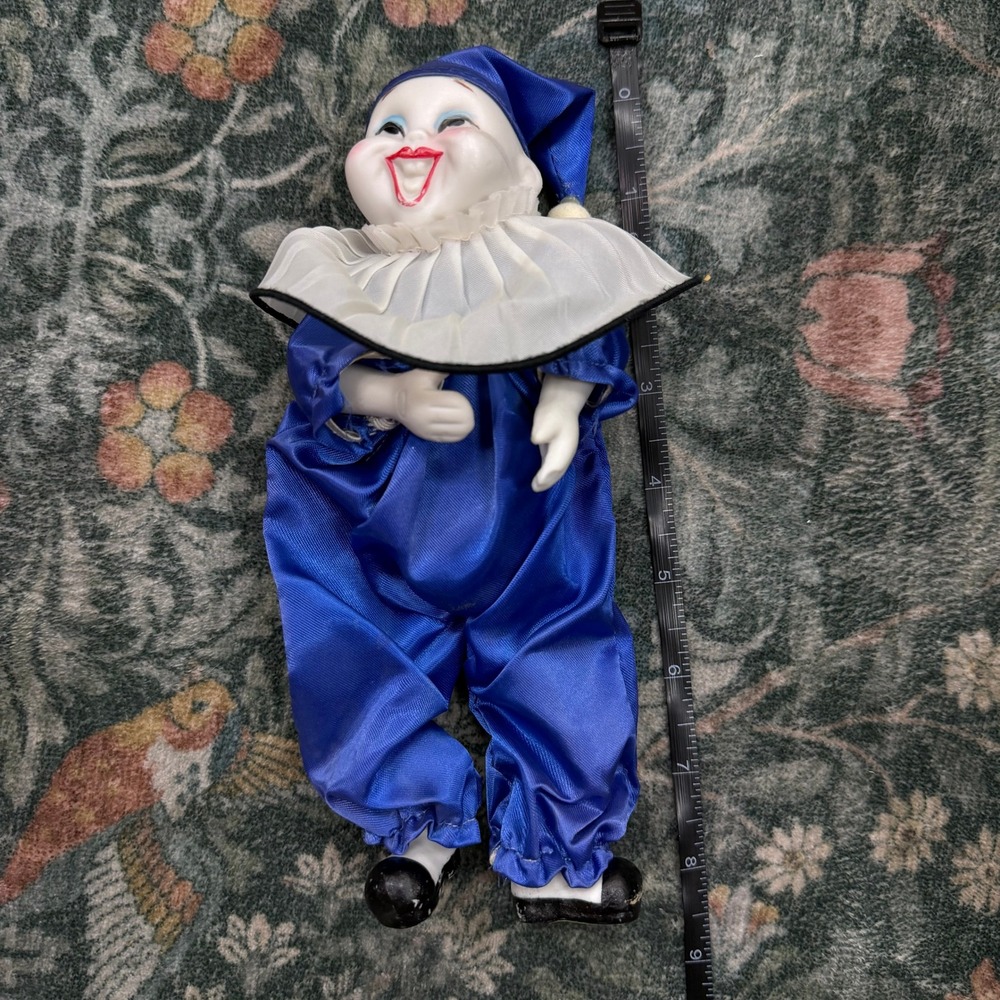 Vintage Emson Porcelain Pierrot Clown Doll Blue Satin Jumpsuit 9" Taiwan ROC